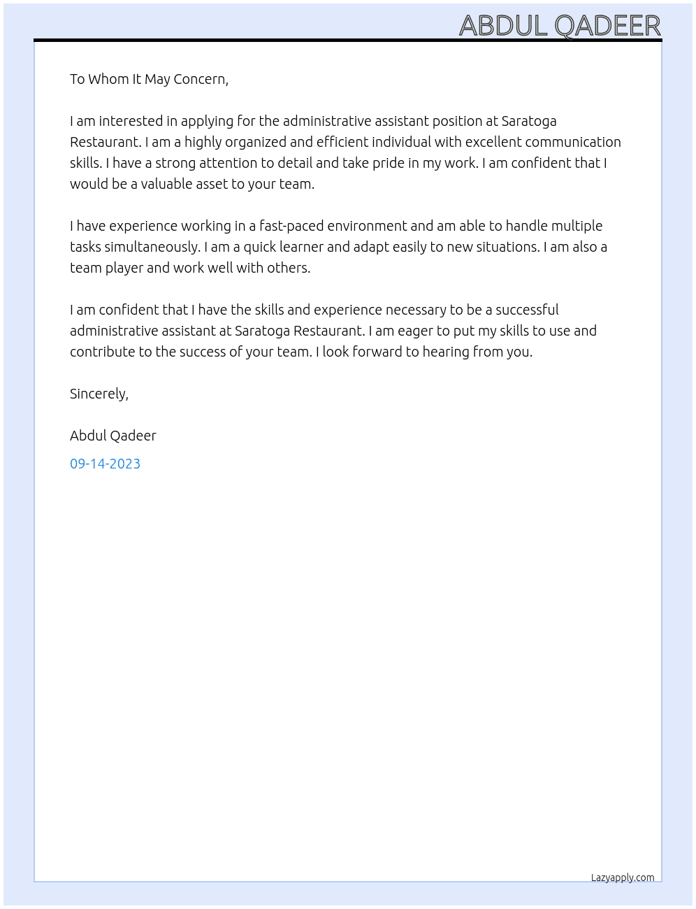 Administrative assistant At Saratoga Restaurant Cover Letter