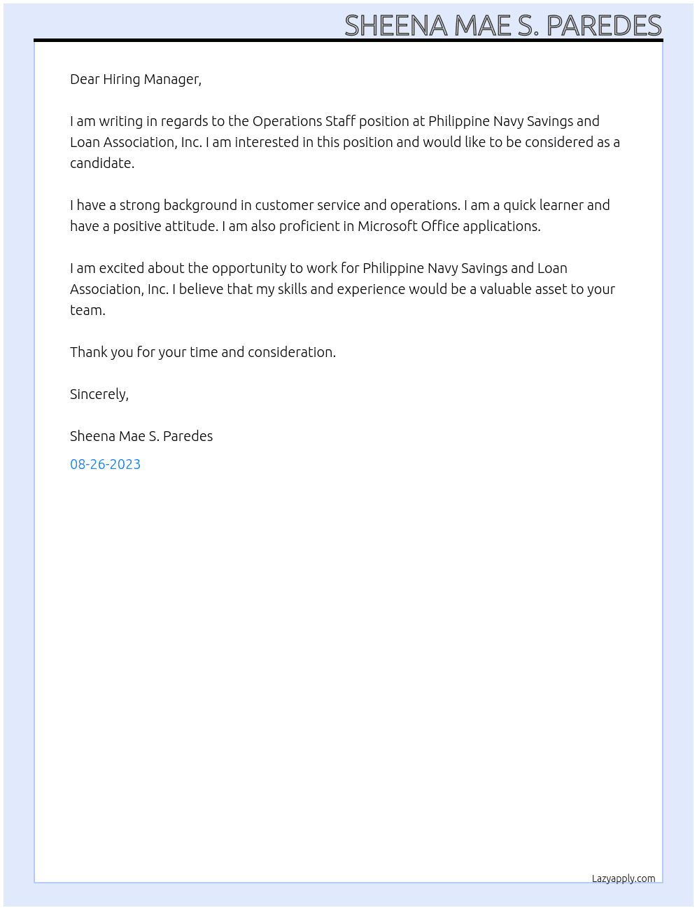 Operations Staff At Philippine Navy Savings and Loan Association, Inc. Cover Letter