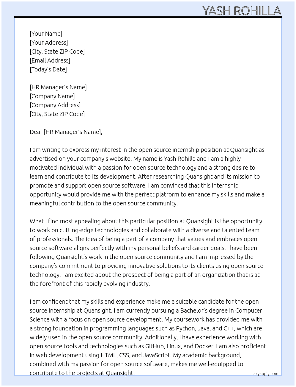 Open source Internship At Quansight Cover Letter