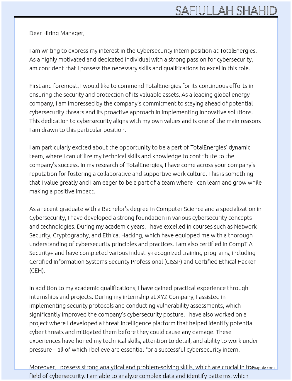 Cybersecurity Intern At TotalEnergies Cover Letter
