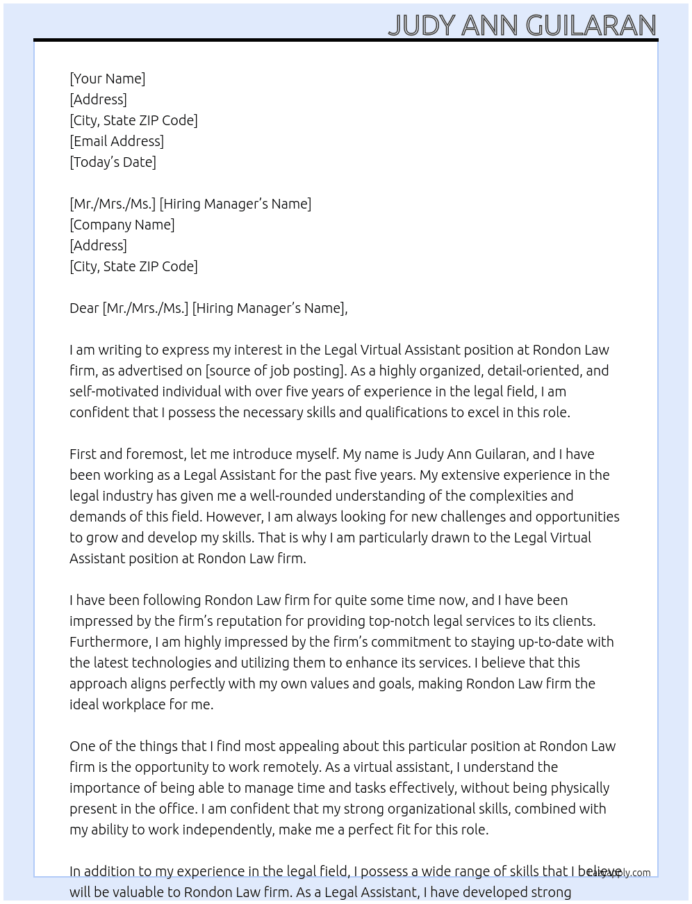 Legal Virtual Assistant At Rondon Law firm Cover Letter