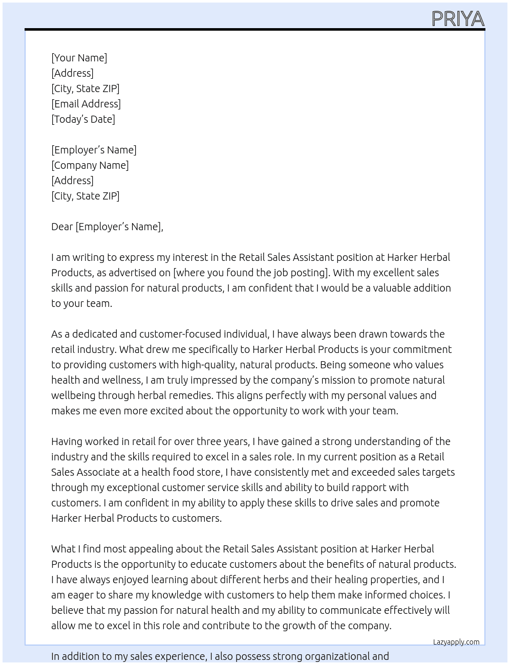 retail sales assistant  At Harker Herbal Products Cover Letter