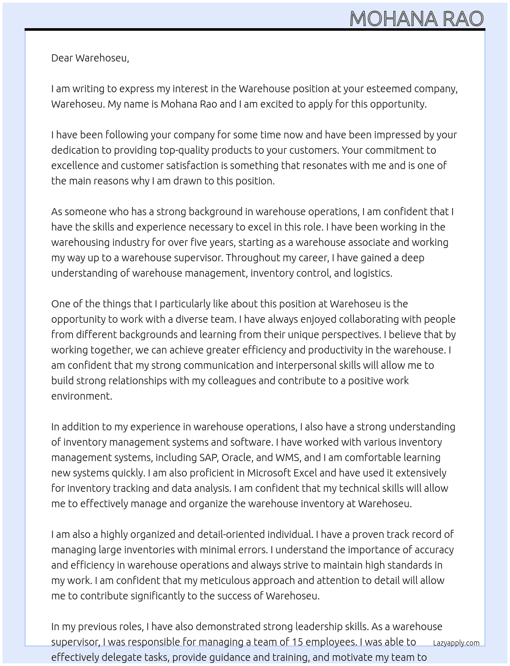 Warehouse  At Warehoseu Cover Letter