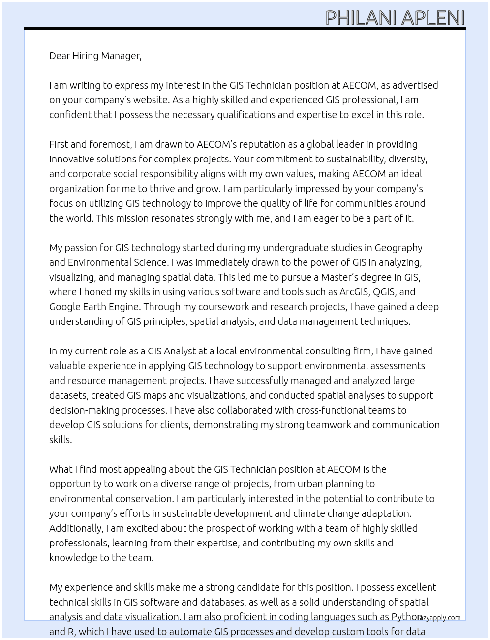 GIS Technician At AECOM Cover Letter