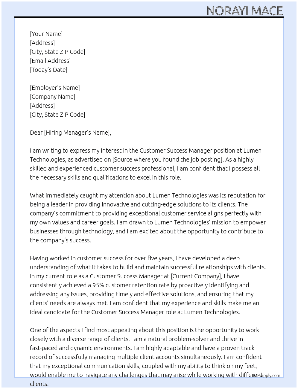 Customer Success Manager At Lumen Technologies Cover Letter