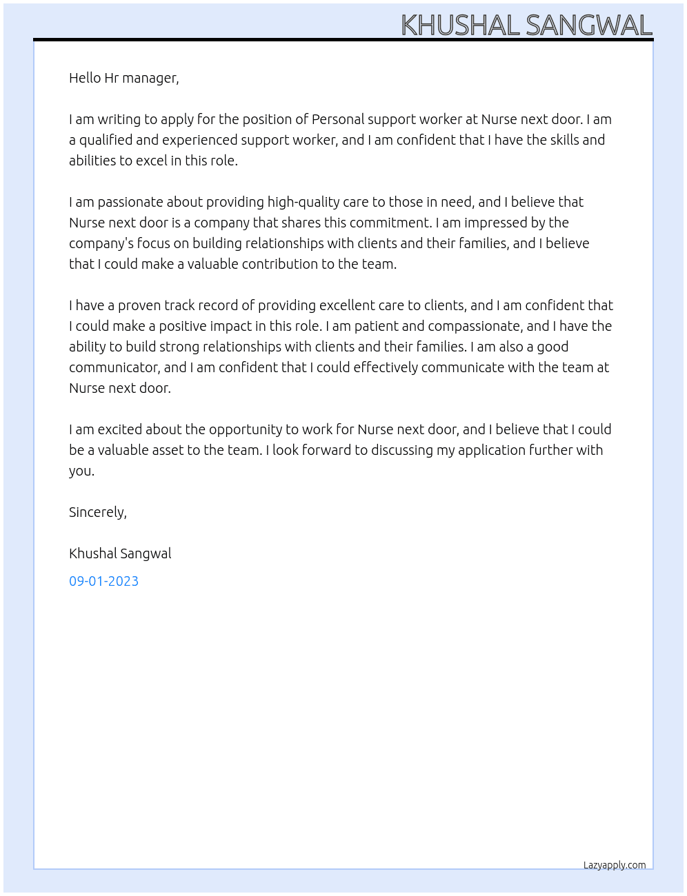 Personal support worker At Nurse next door Cover Letter