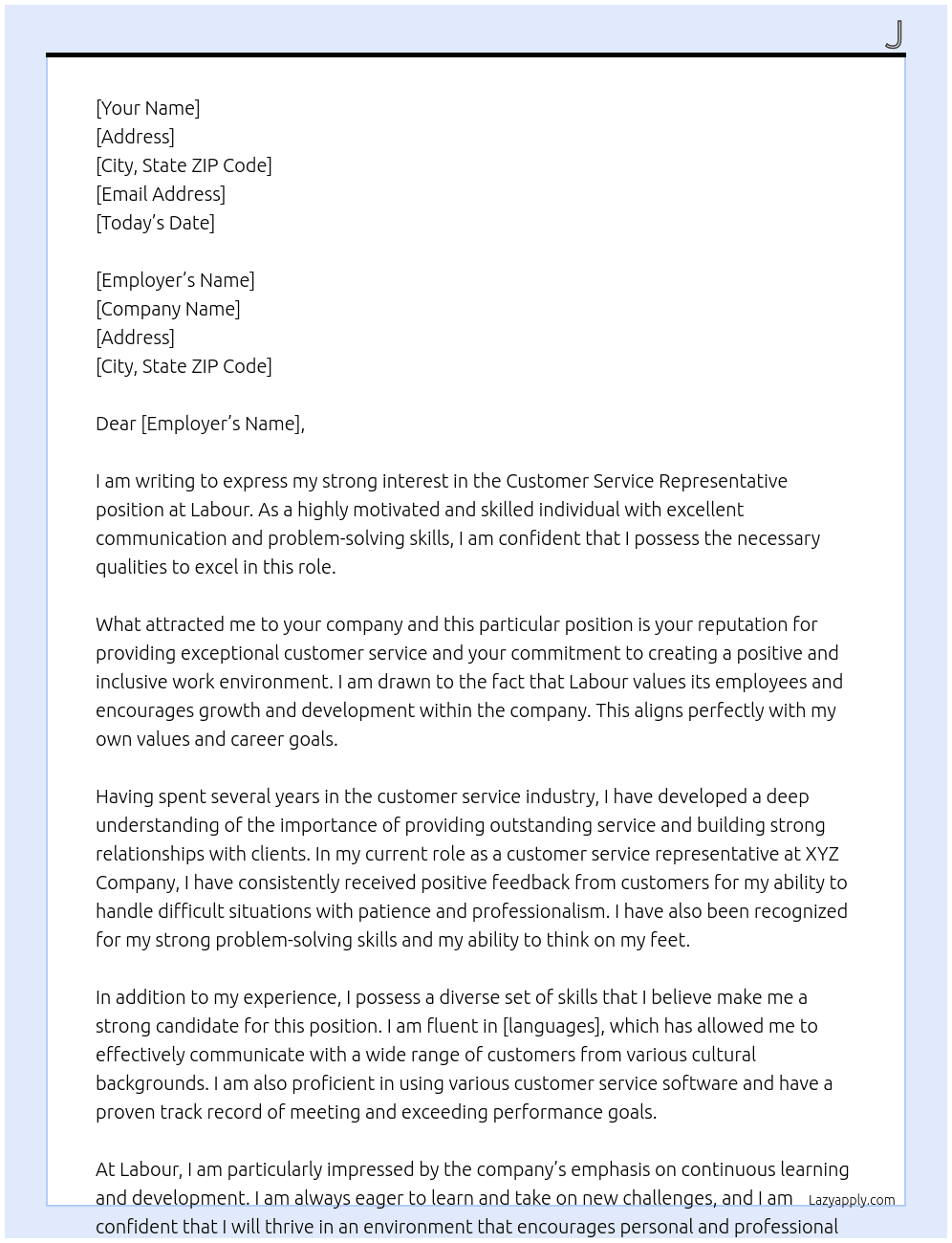 Customer Service Representative At Labour Cover Letter