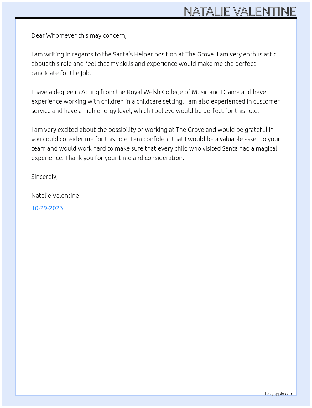 Santa's Helper At Santa's Helper Cover Letter