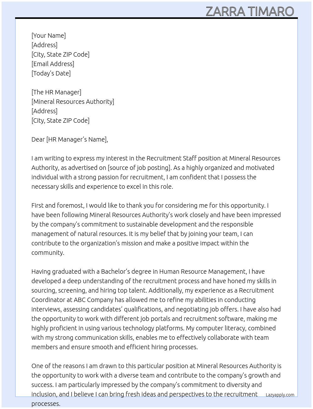 Recruitment Staff  At Mineral Resources Authority  Cover Letter