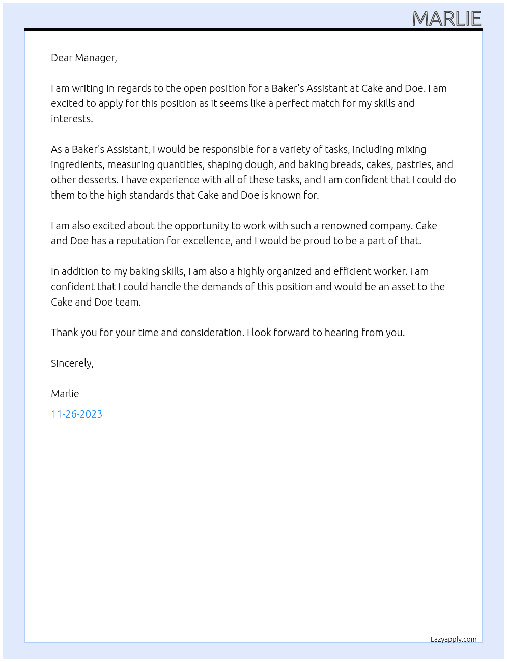 Bakers Asistant At Cake and Doe Cover Letter