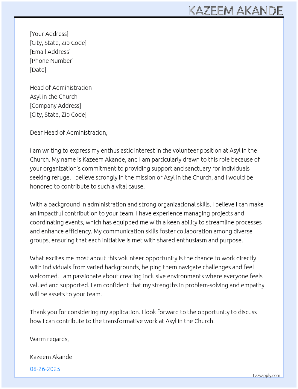 Cover letter for volunteer - LazyApply