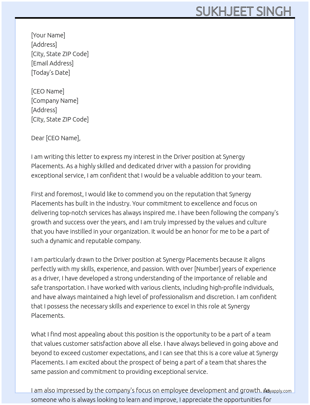 Driver  At Synergy Placements Cover Letter