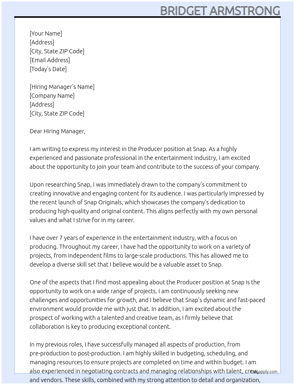 Producer At Snap Cover Letter