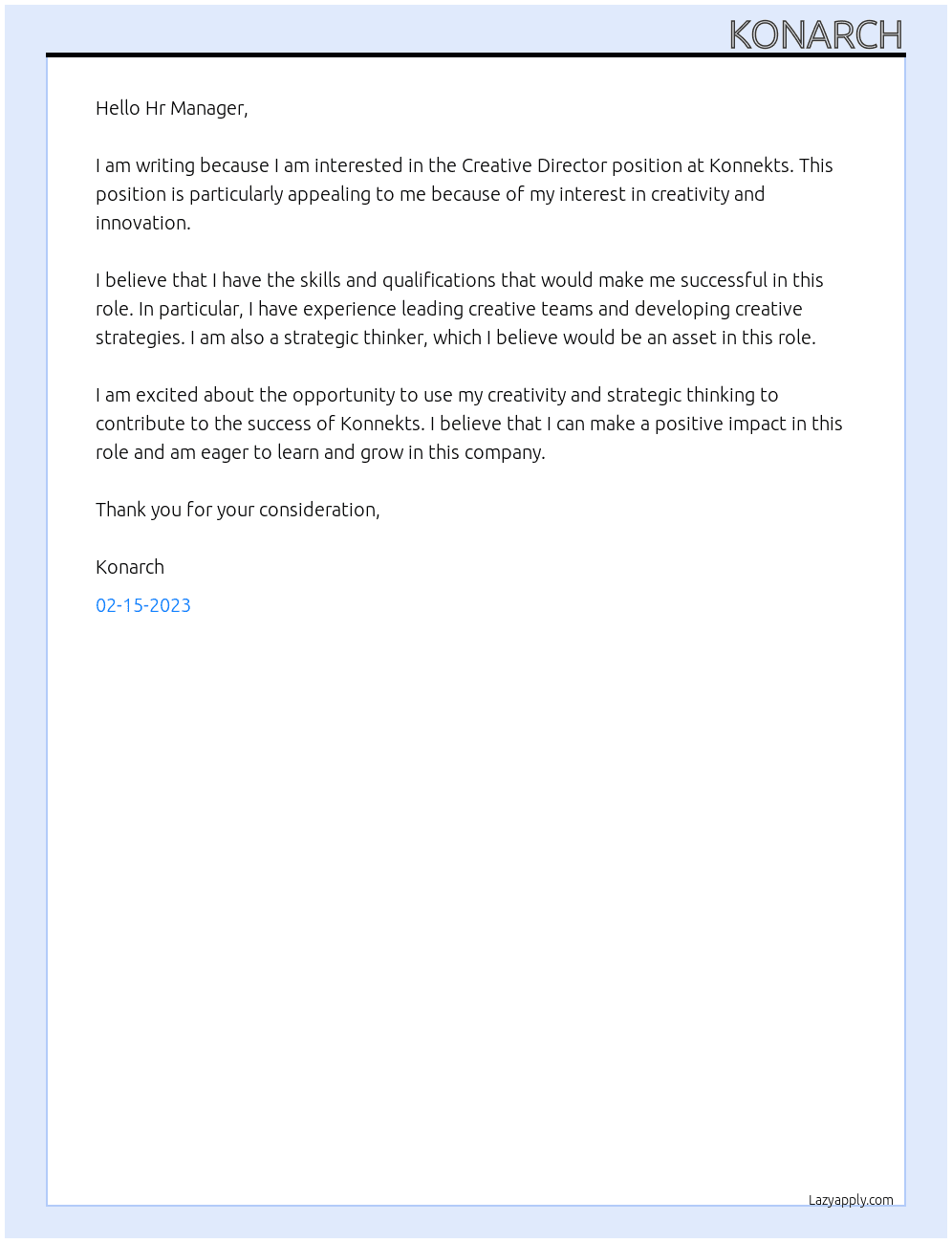 Creative director At Konnekts Cover Letter