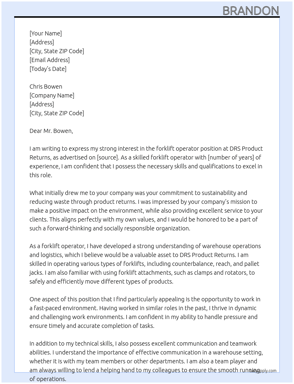 forklift operator At DRS Product Returns Cover Letter