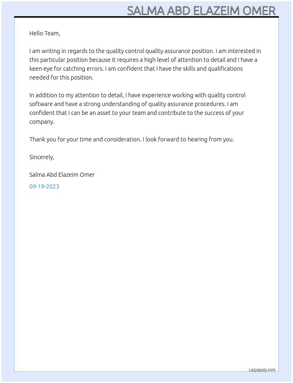 Quality control quality assurance  At I don't no Cover Letter