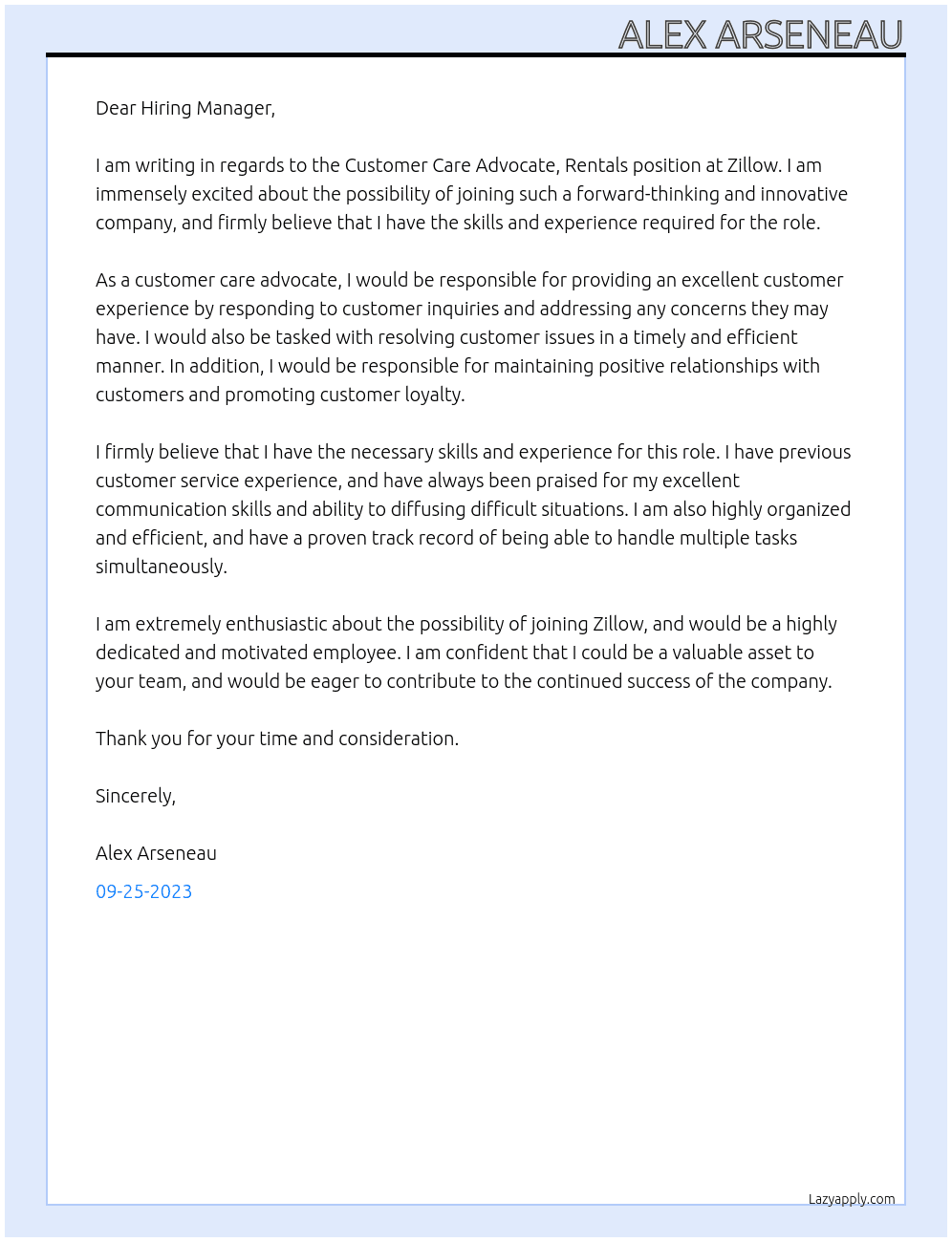 Customer Care Advocate, Rentals At Zillow Cover Letter