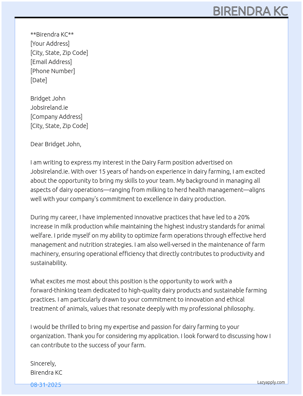 Dairy farm  At Jobs lreland.ie Cover Letter