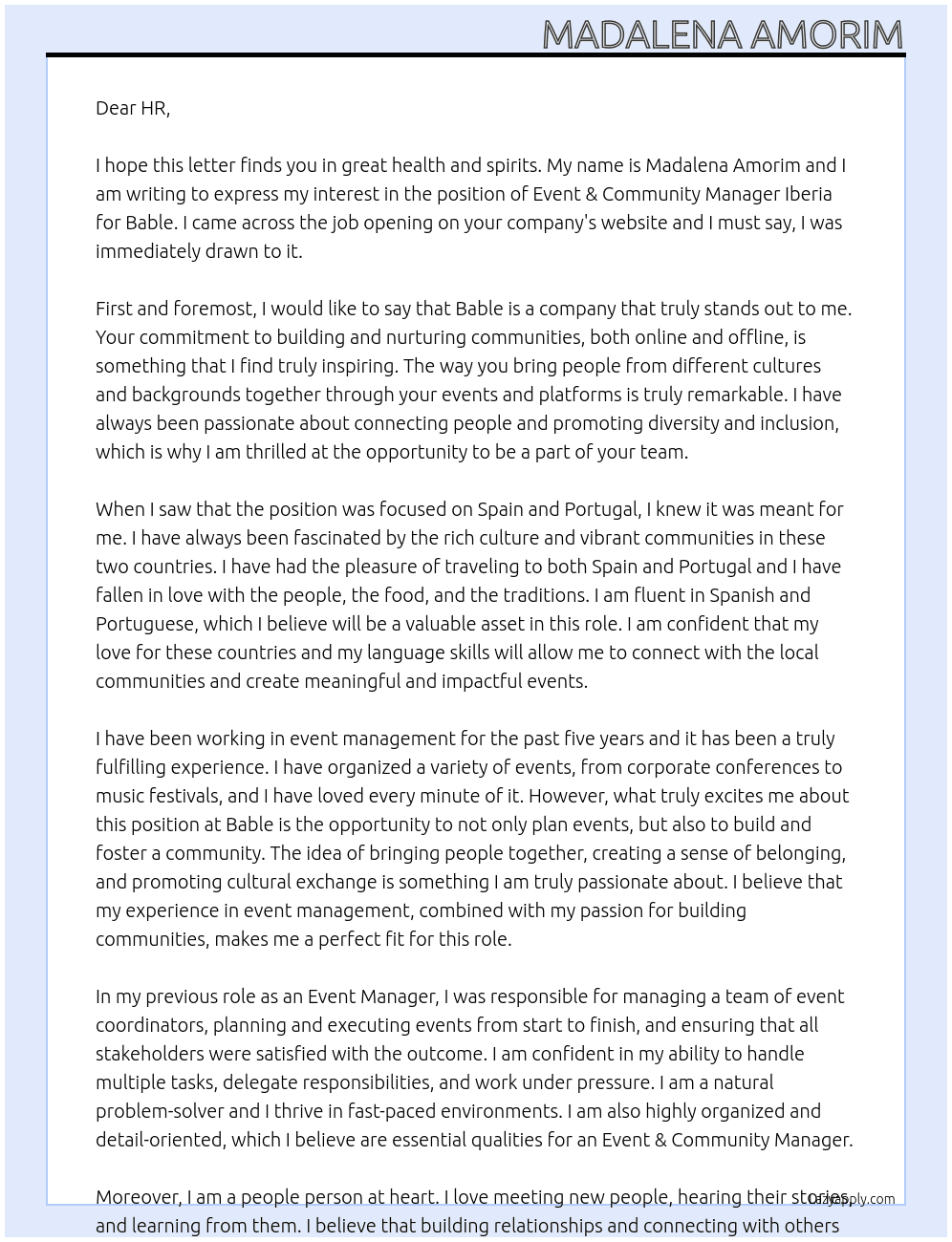 Event & Community Manager Iberia (Focus on Spain and Portugal At Bable Cover Letter