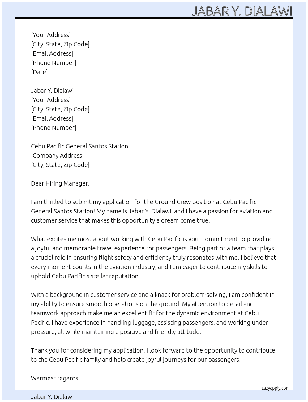 Ground crew At Cebu Pacific General Santos Station  Cover Letter