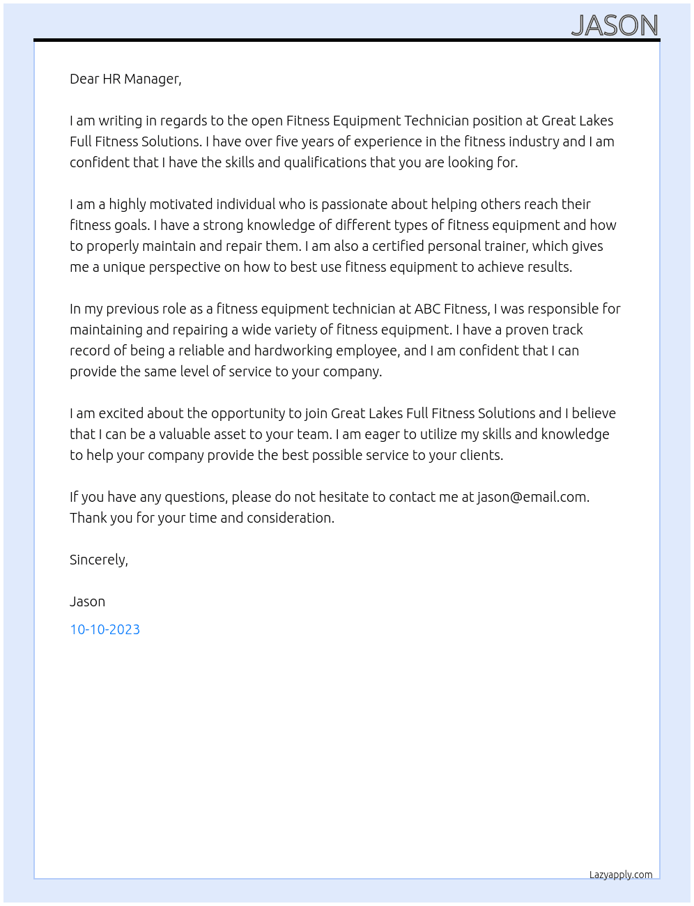Fitness Equipment Technician At Great Lakes Full Fitness Solutions  Cover Letter