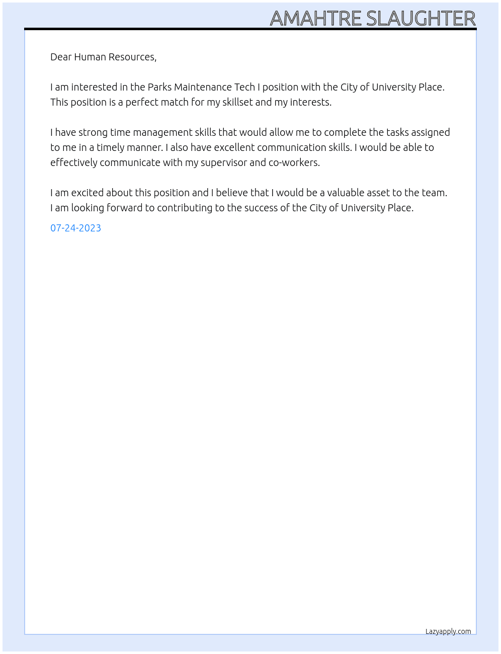 Parks Maintenance Tech I At City of University PLace Cover Letter
