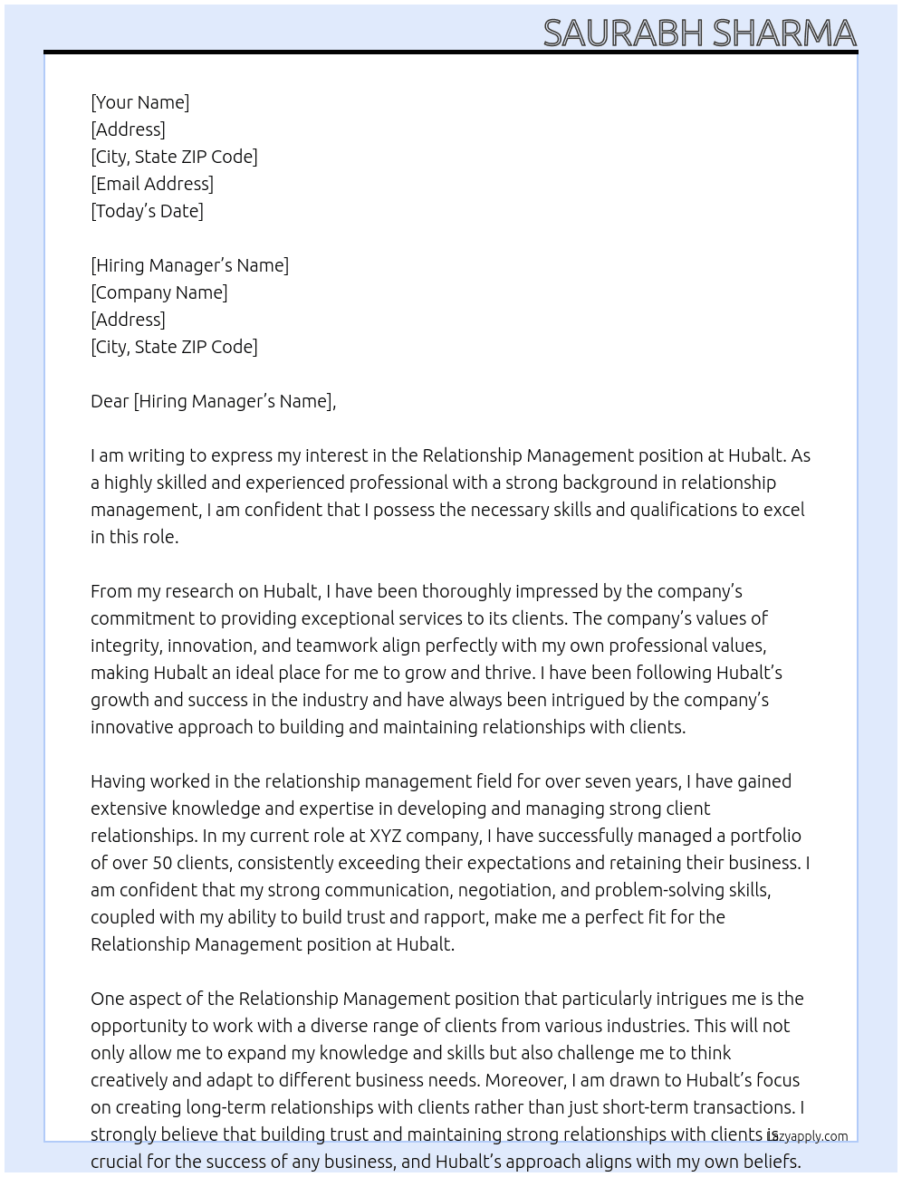 Relationship management At Hubalt Cover Letter