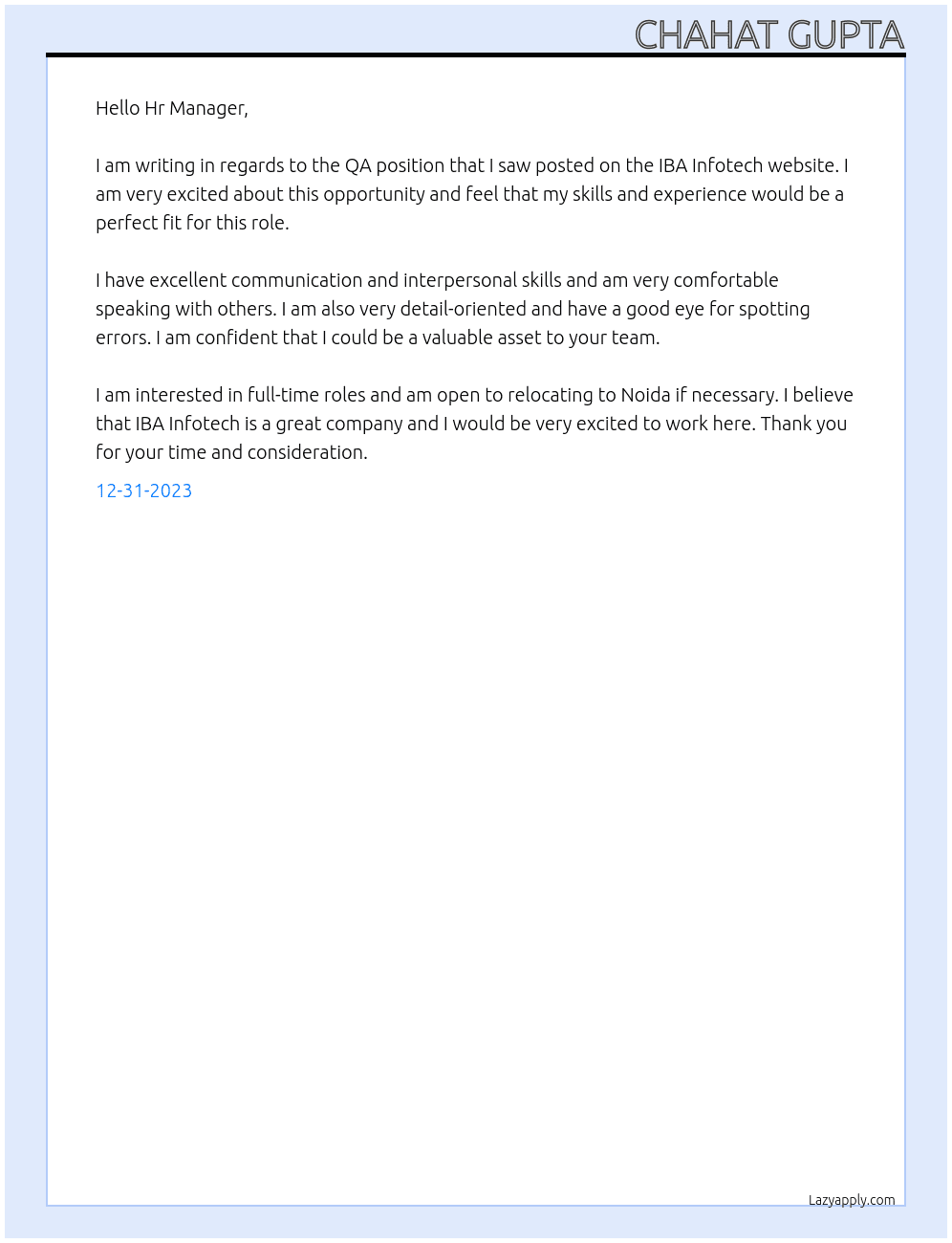 QA At IBA INFOTECH PVT LTD  Cover Letter