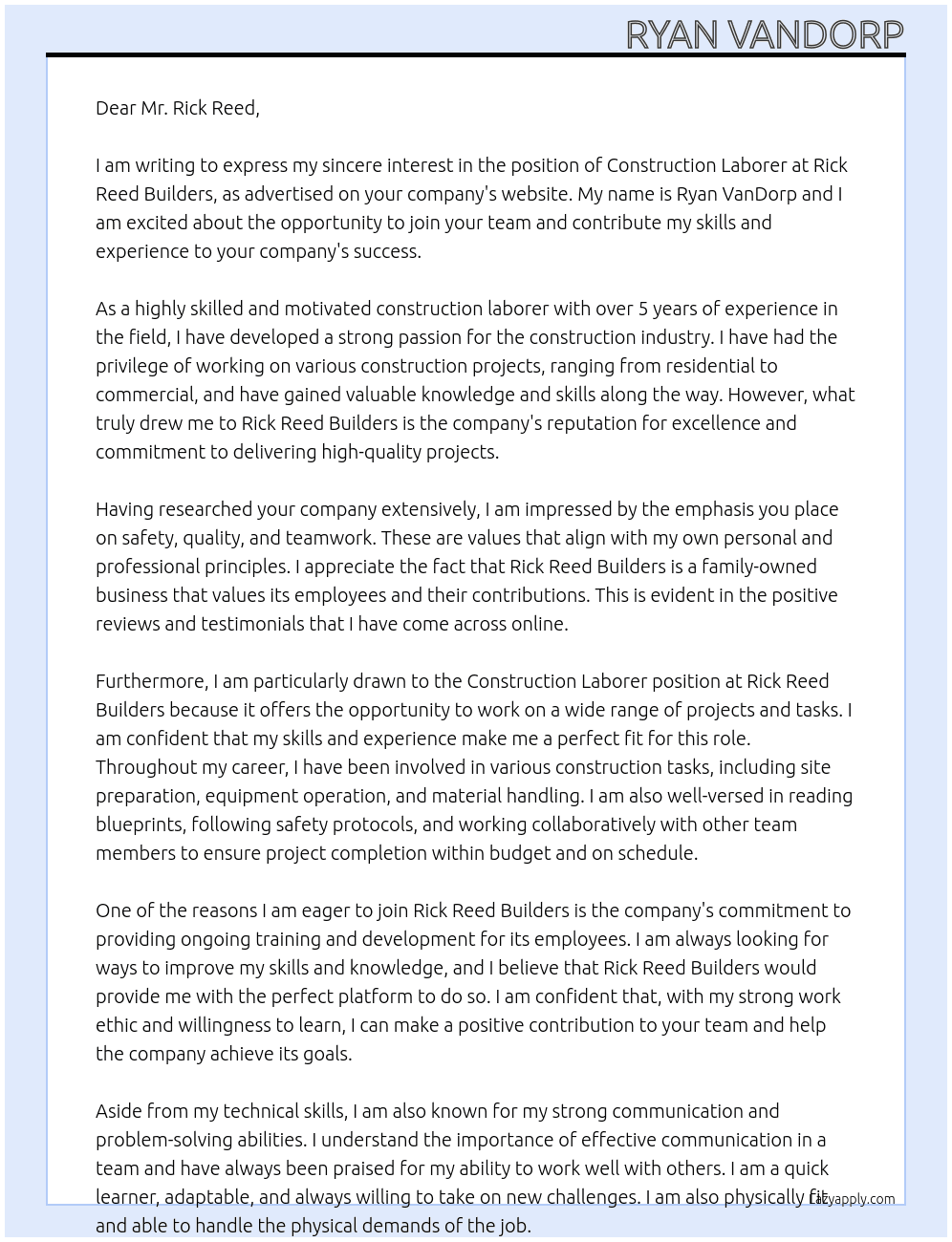 Construction laborer At Rick Reed Builders Cover Letter