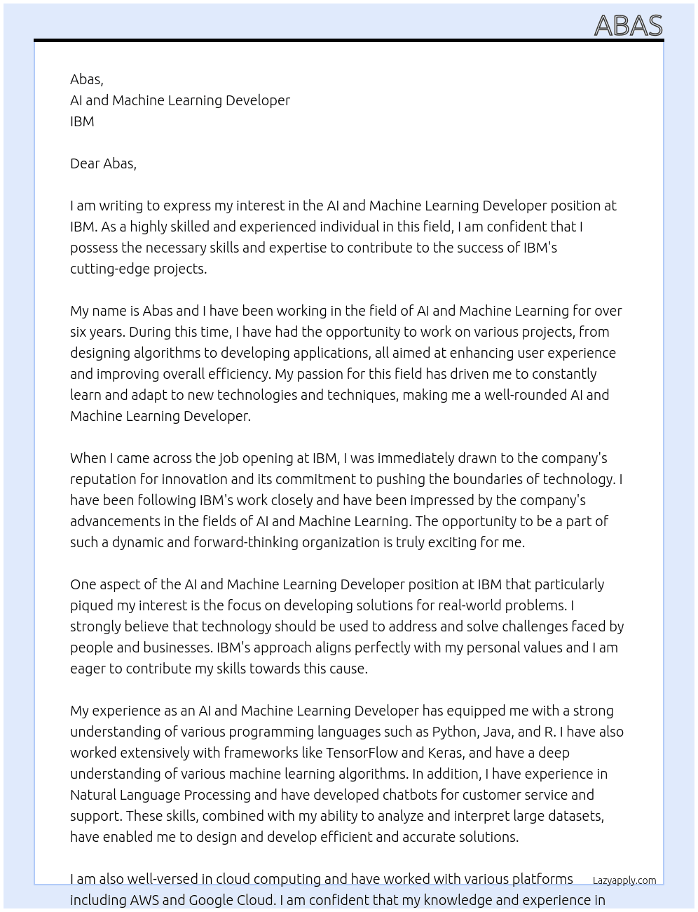 Cover letter for ai and machine learning developer - LazyApply