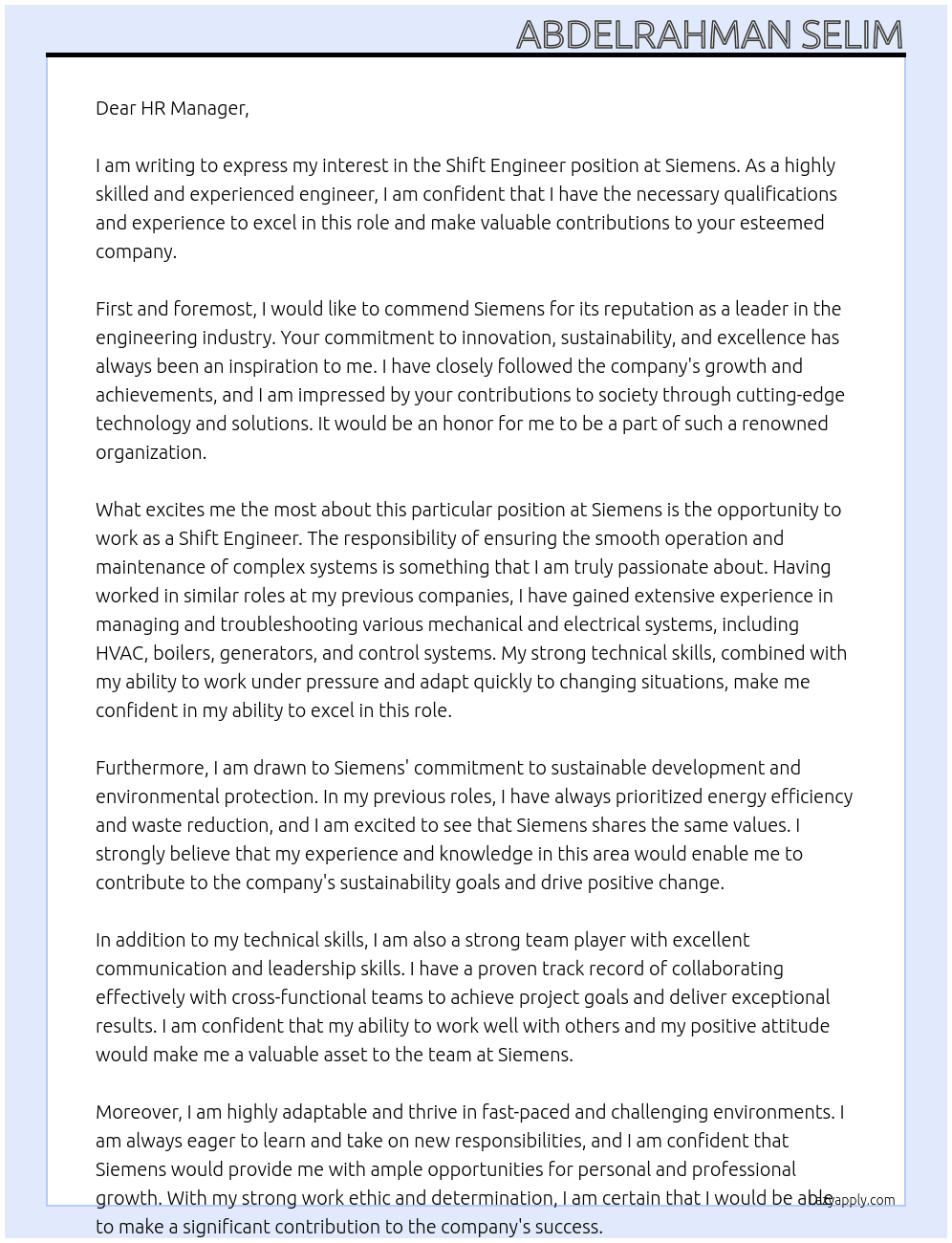 Shift engineer At Siemens Cover Letter