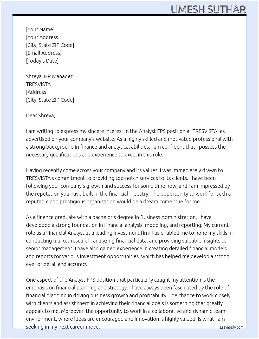ANALYST FPS At TRESVISTA Cover Letter