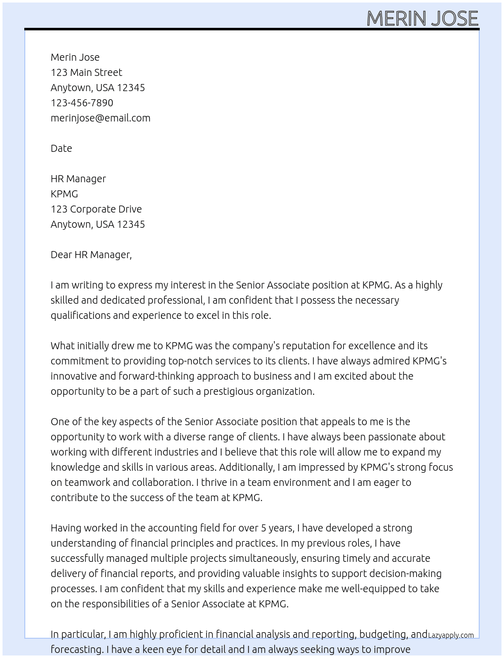 Senior Associate At KPMG  Cover Letter