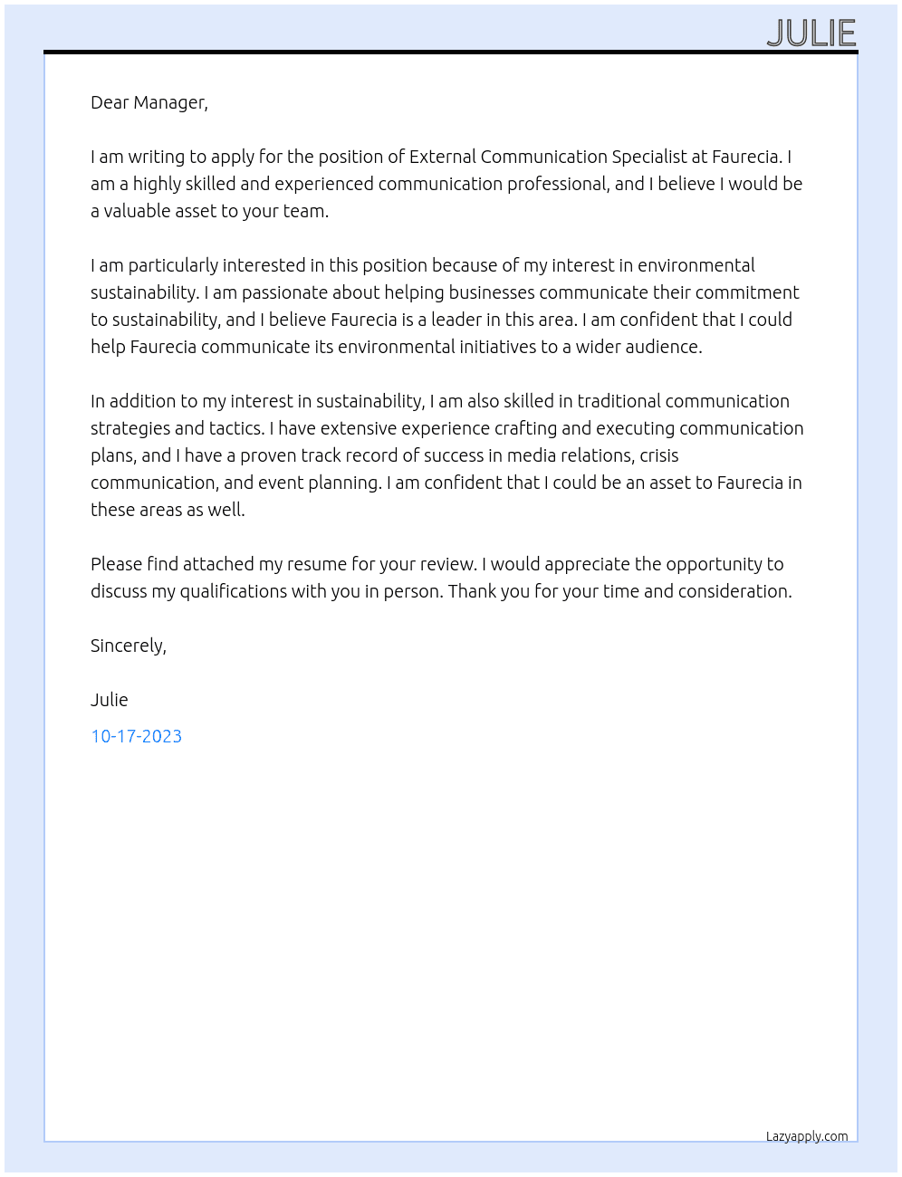 External Communication Specialist  At Faurecia Cover Letter
