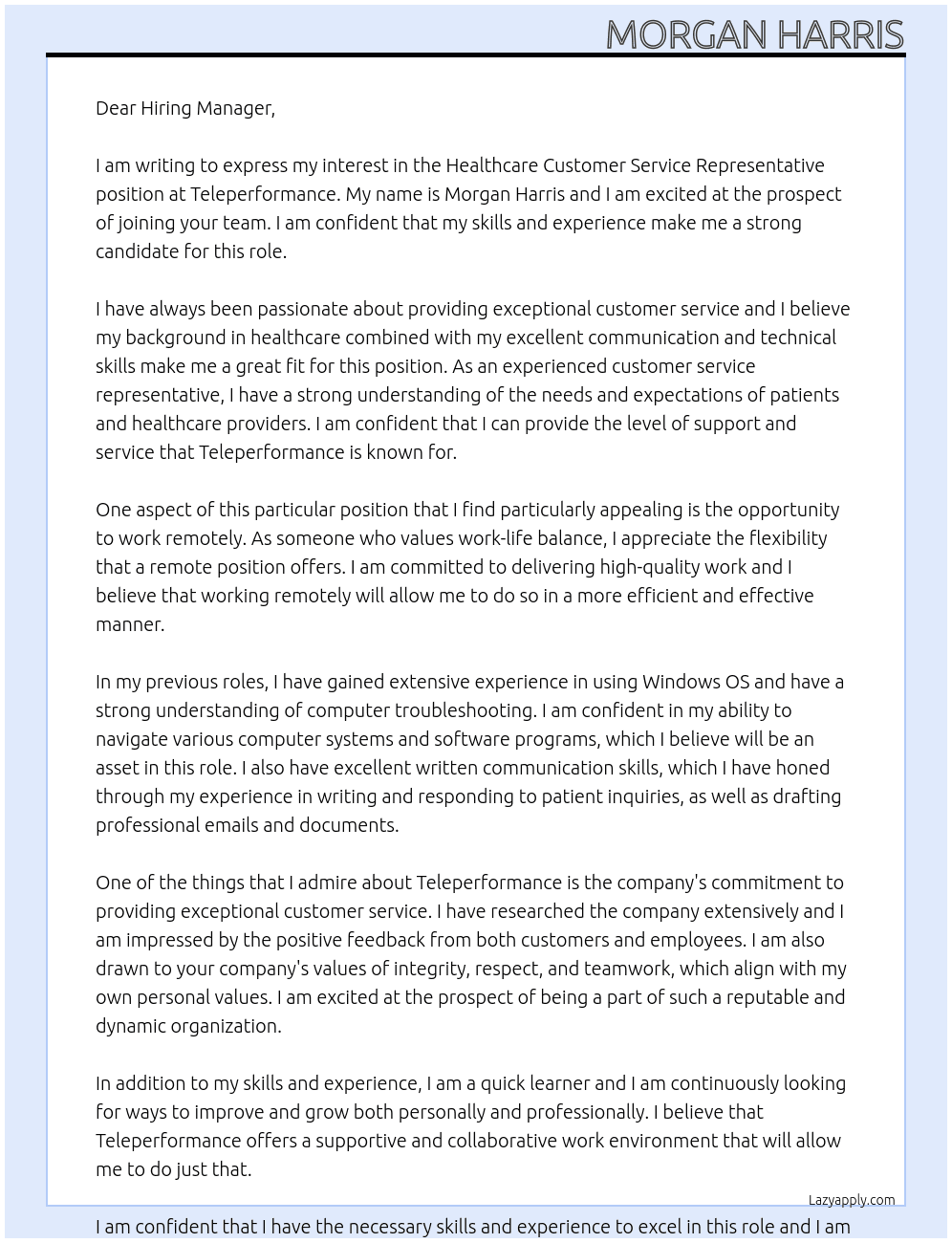 Healthcare Customer Service Representative At Teleperformance Cover Letter