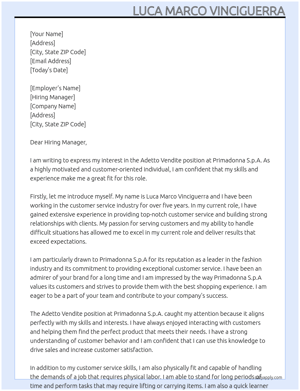 Adetto Vendite At Primadonna S.p.A. Cover Letter