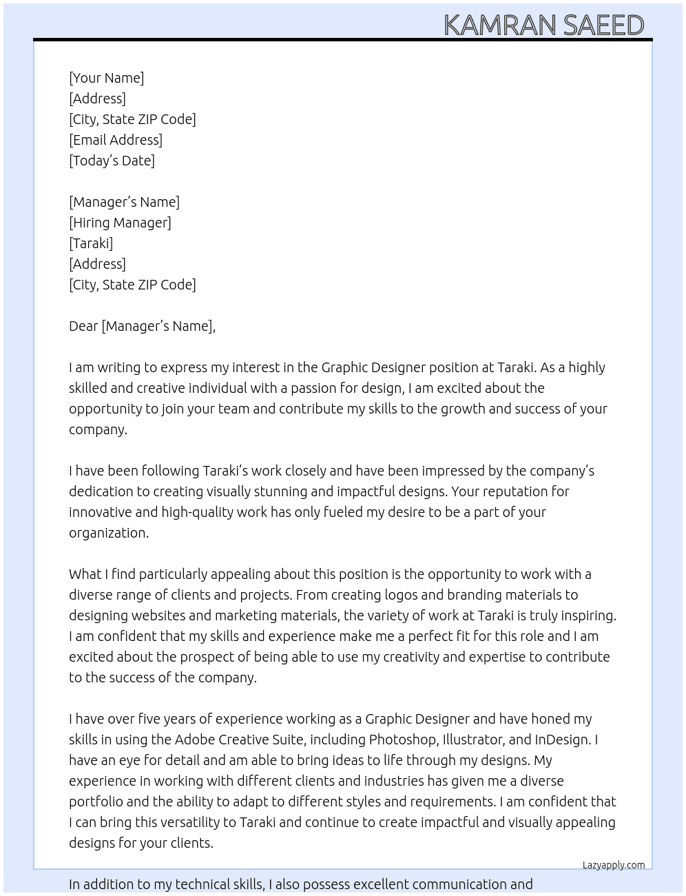 Graphic Designer  At Taraki Cover Letter