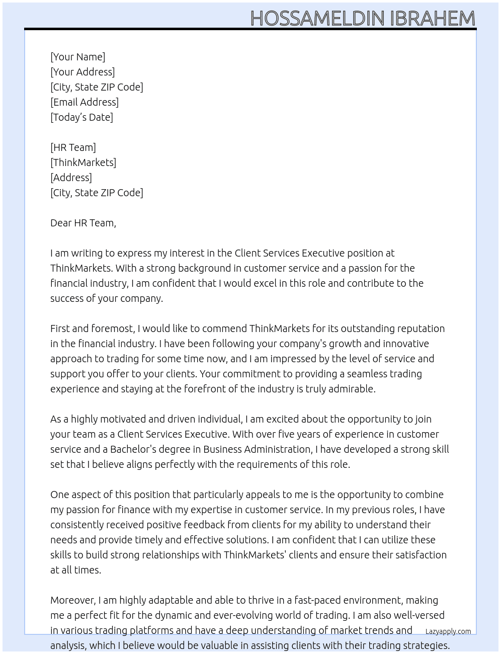 Client Services Executive At ThinkMarkets Cover Letter