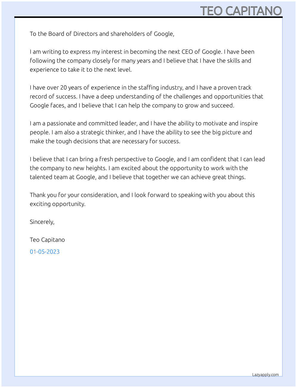 Cover letter for staffing company ceo - LazyApply