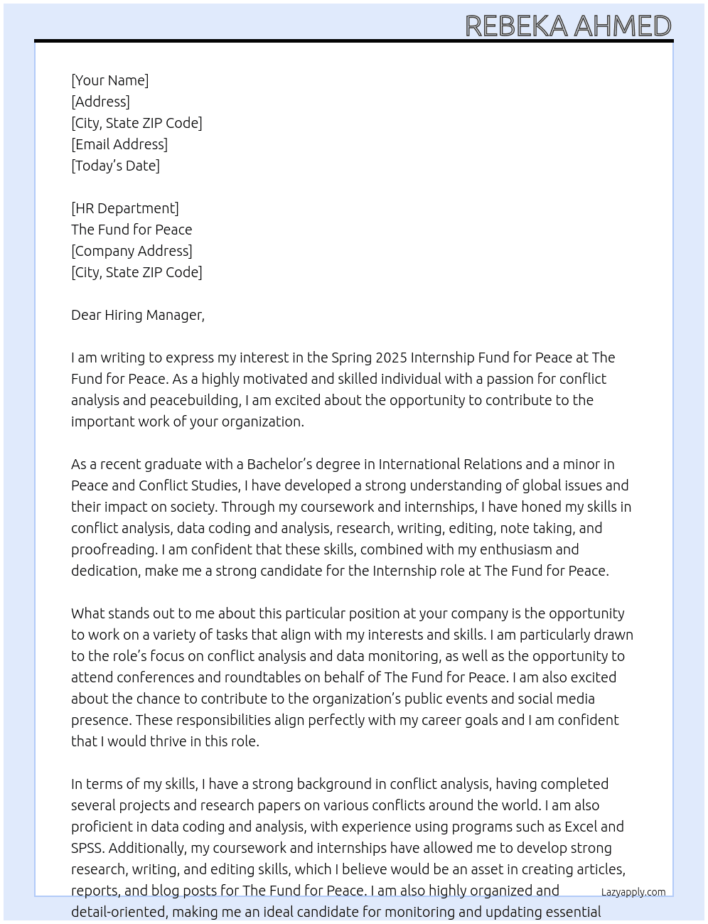 The Fund for Peace - Spring 2025 Internship Fund for Peace At The Fund for Peace Cover Letter