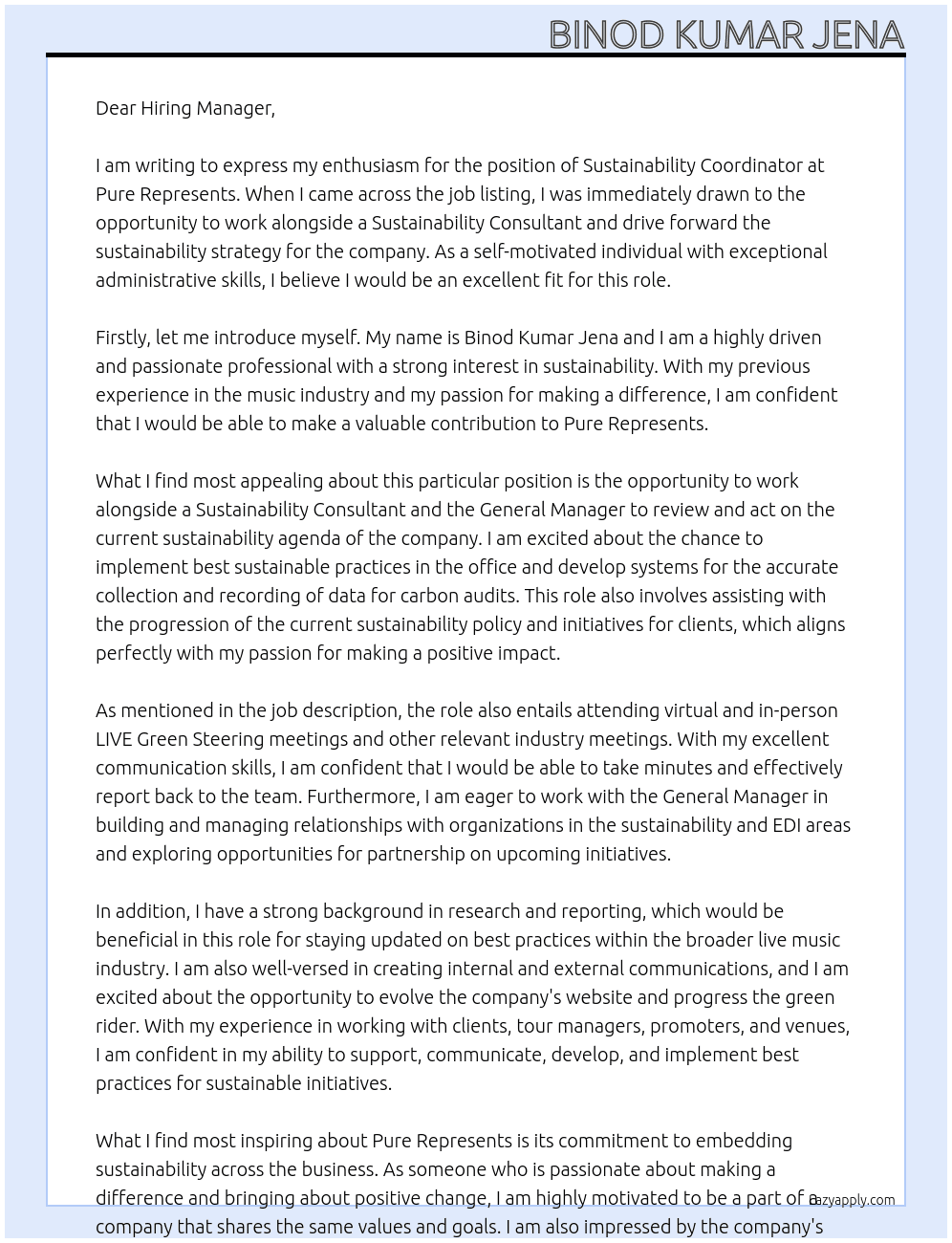 Sustainability Co-ordinator At Pure Represents Cover Letter