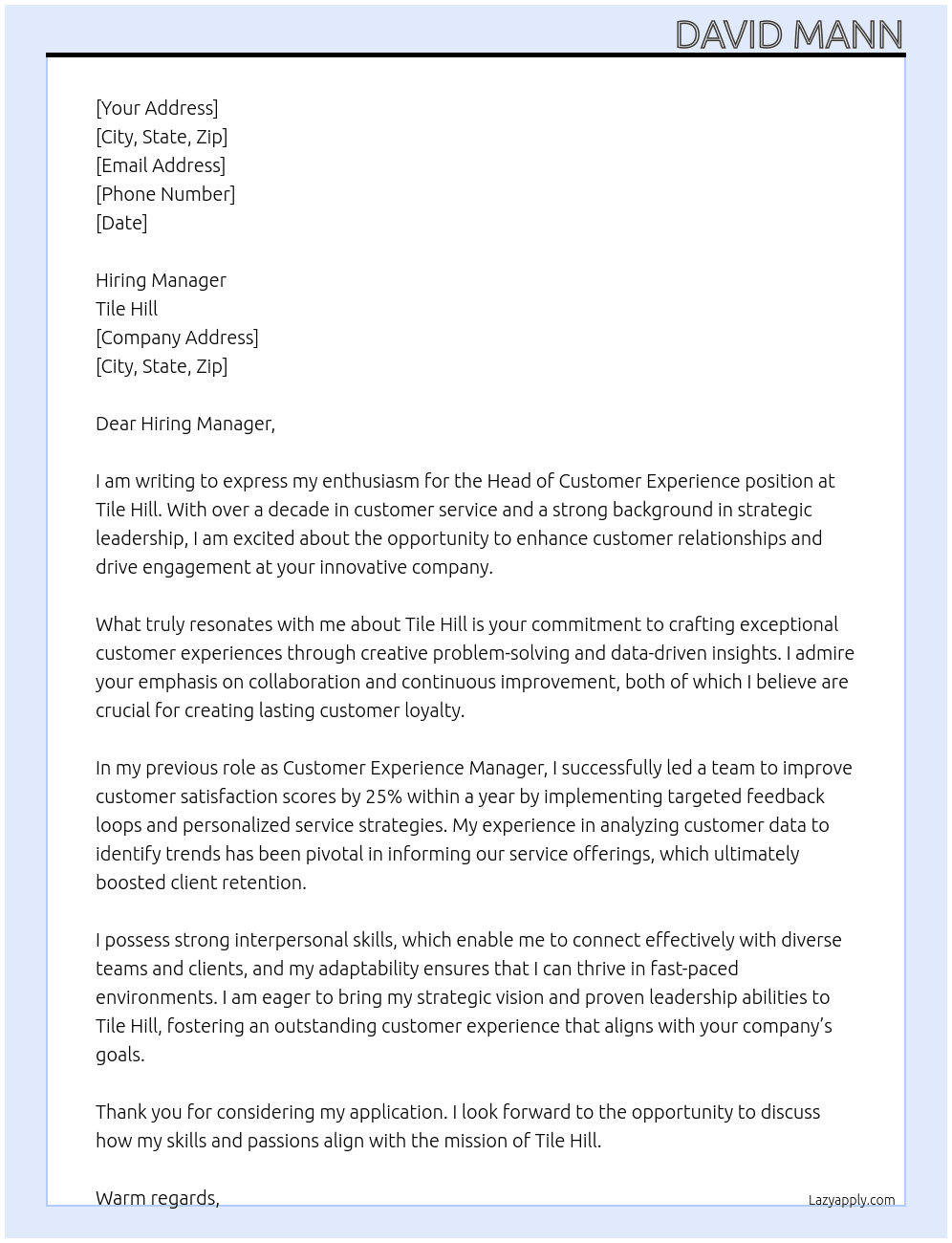 Head of Customer Experience At Tile Hill Cover Letter