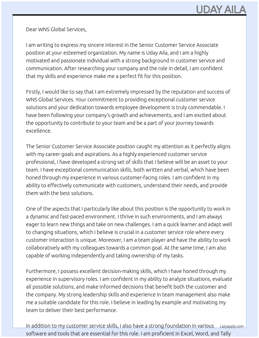 Senior Customer Service Associate  At WNS Golbal services Cover Letter