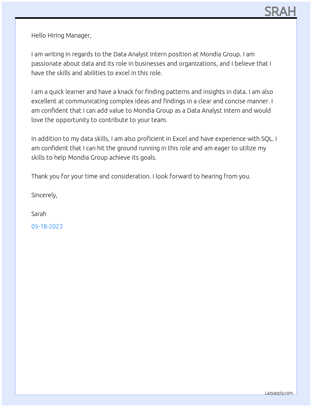 Data Analyst Intern At Mondia Group Cover Letter