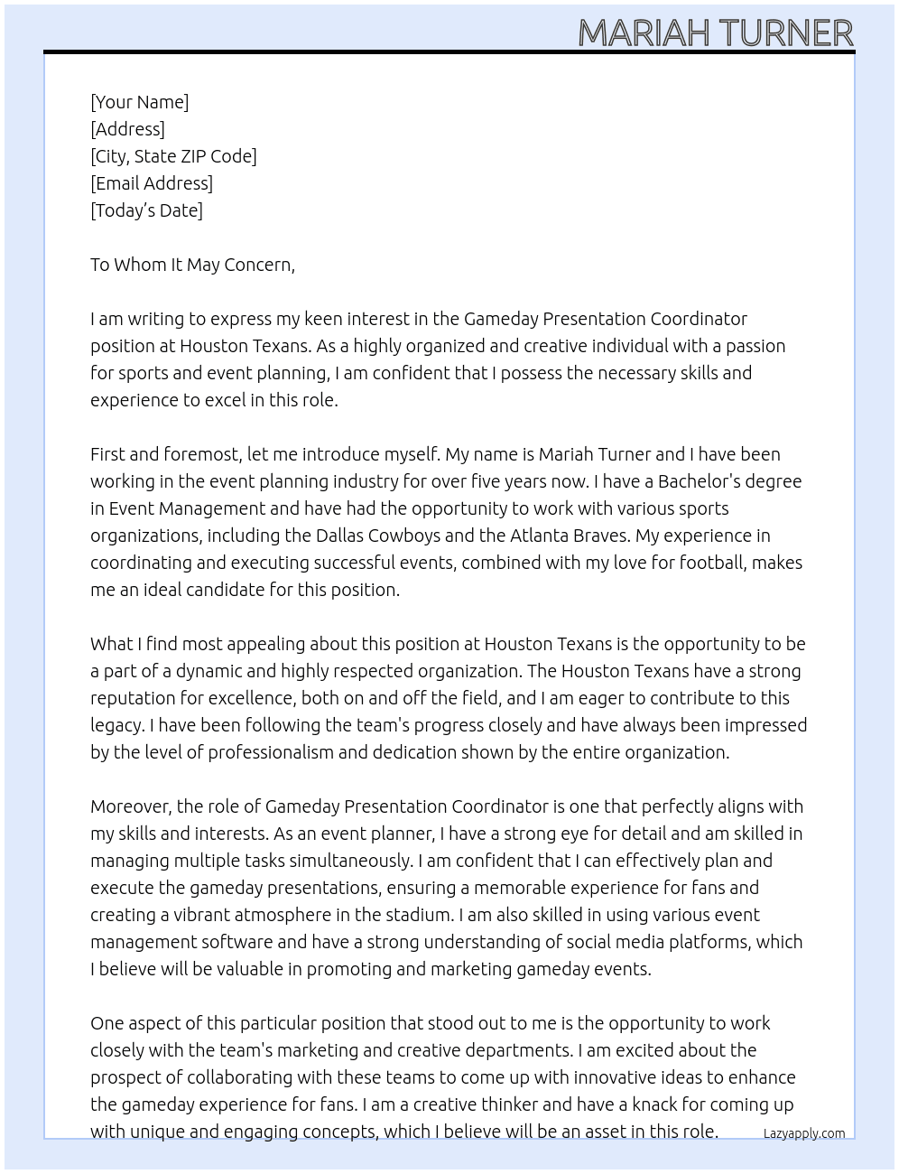 Gameday Presentation Coordinator At Houston Texans Cover Letter
