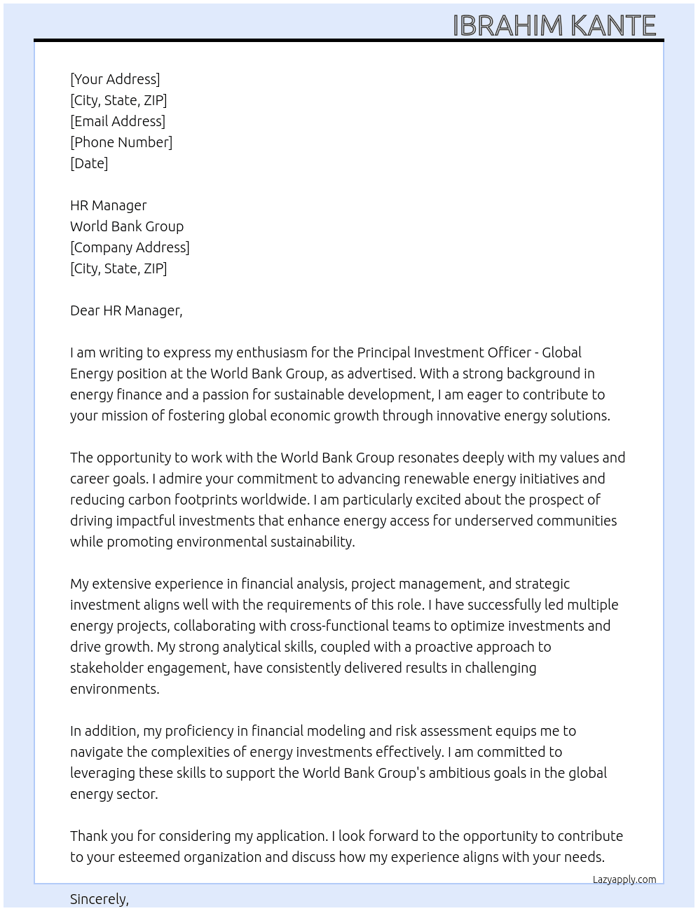 Principal Investment Officer - Global Energy At World Bank Group Cover Letter