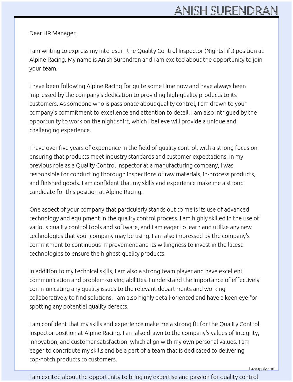Quality Control Inspector (Nightshift) At Alpine Racing Cover Letter