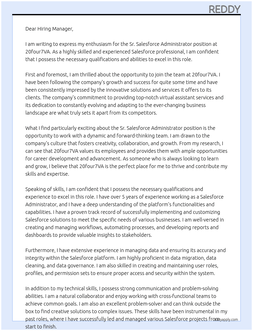 Sr. Salesforce Administrator At 20four7VA  Cover Letter