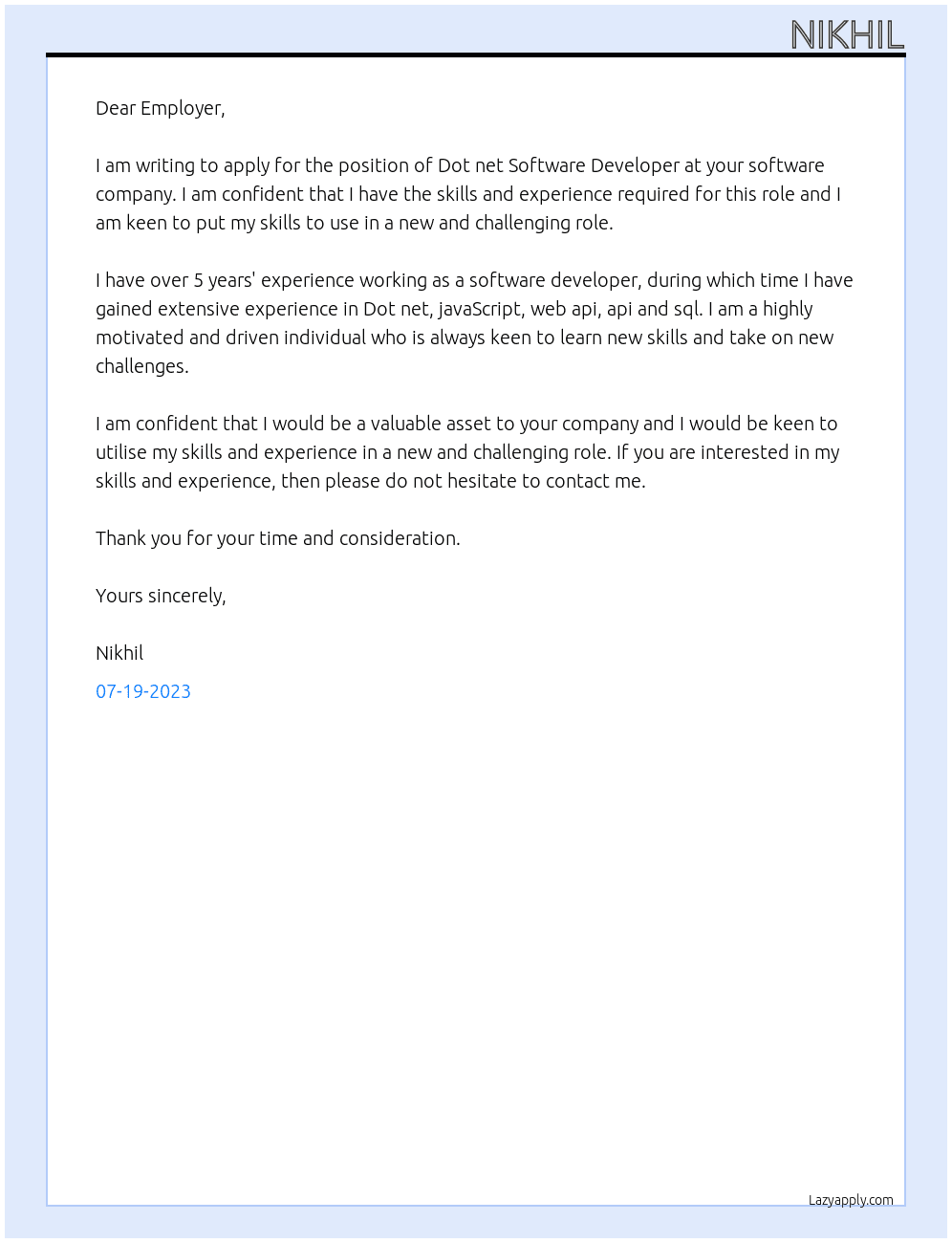 Dot net Software Developer  At Software company Cover Letter
