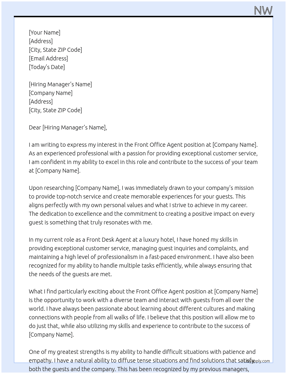 Front Office Agent  At aaco Cover Letter